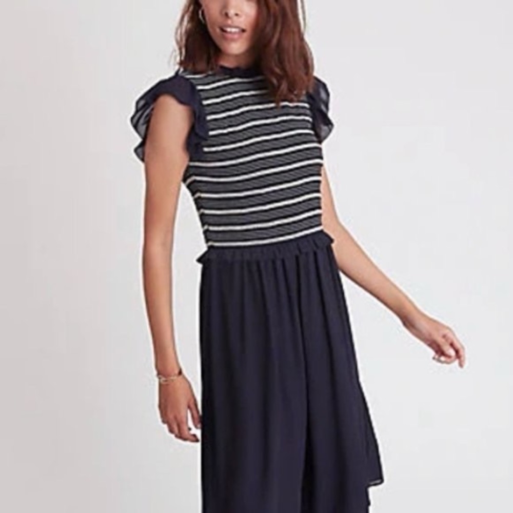 Ann Taylor Navy Smocked Bodice Fit and‎ Flare Dress Size 14
